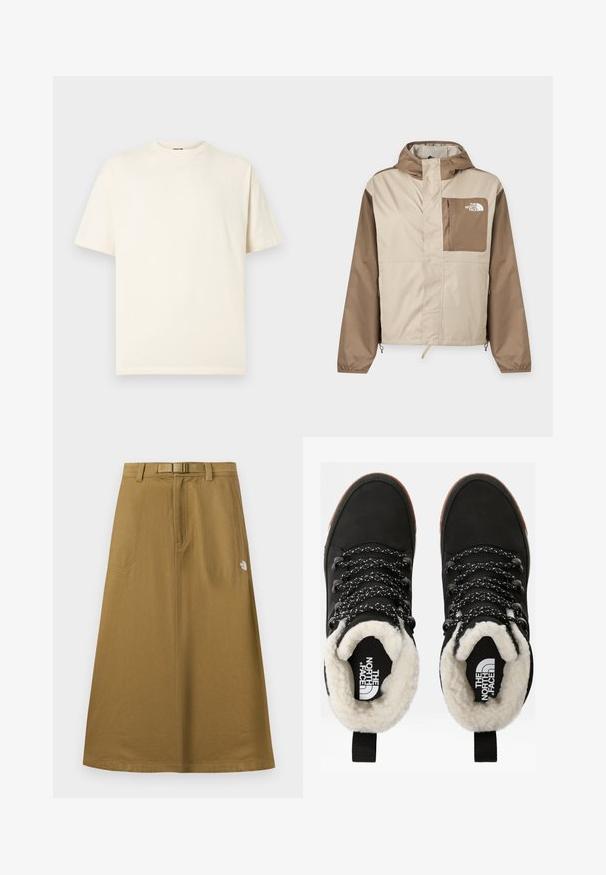 Veste à capuche beige clair et marron avec fermeture éclair complète sur le devant et une poche poitrine marron avec le logo The North Face sur le côté droit.; T-shirt en coton crème à manches courtes, col rond, avec un petit logo sur le devant. Design simple, texture douce, et coupe décontractée.; Jupe longue extérieure beige avec poches avant, ceinture intégrée et logo The North Face sur le côté droit.; Bottes noires en cuir synthétique imperméables à la cheville, avec une doublure en fausse fourrure, un tissu texturé, des lacets à motifs noirs et blancs, et une languette au niveau du talon.