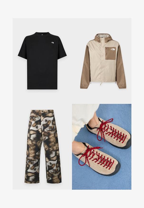 Veste à capuche beige clair et marron avec fermeture éclair complète sur le devant et une poche poitrine marron avec le logo The North Face sur le côté droit.; T-shirt noir à manches courtes en coton avec un col rond. Présente un petit logo blanc sur la poitrine gauche et une coupe standard.; Pantalon à jambes larges présentant un motif abstrait audacieux en noir, marron et crème. Confectionné dans un tissu texturé avec une taille haute.; Des chaussures beiges avec des lacets rouges, posées sur une surface bleue texturée, révèlent partiellement la cheville d'une personne. Les chaussures ont un design sportif.