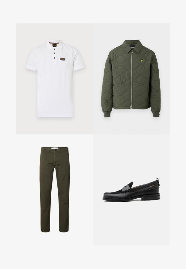 Chaqueta acolchada de color verde oliva con cierre de cremallera en la parte delantera, cuello redondeado, puños acanalados y pequeño logotipo amarillo en el lado izquierdo del pecho.; Polo blanca hecha de algodón texturizado, que presenta un cierre de tres botones, mangas cortas y un parche de logo negro en el pecho.; Pantalones de hombre en verde oscuro con pierna recta, trabillas para cinturón, cierre de botón y bolsillos delanteros, mostrados sobre un fondo liso.; Mocasín de cuero negro con detalle de tira gris, tacón bajo y suela texturizada, con la marca "HUGO" en oro en el lateral.