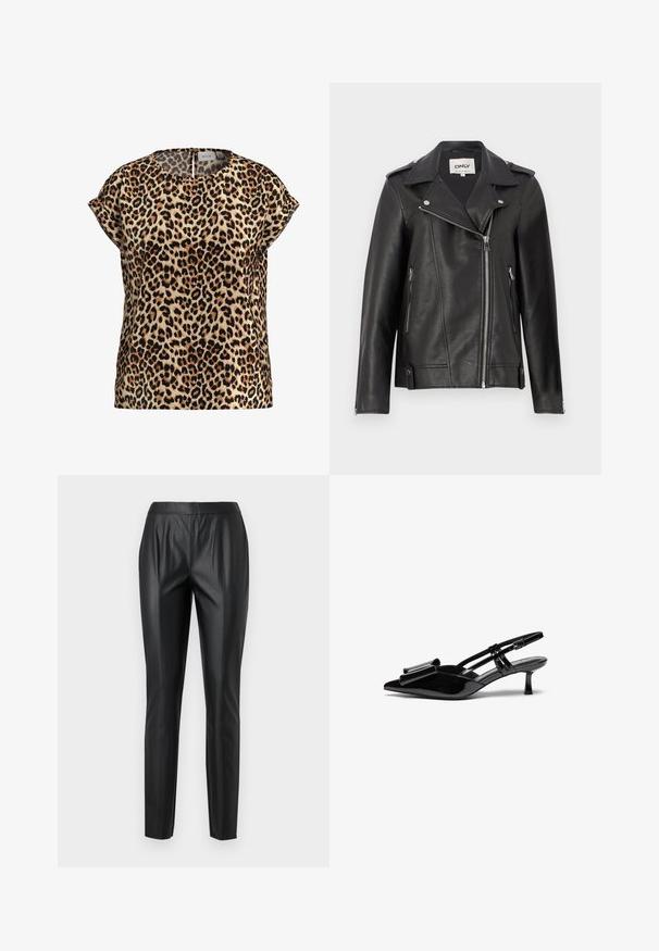 Sort lædermotorcykeljakke med klippet krave, asymmetrisk lynlåsfortil og sidelommer. Har sølvfarvede detaljer og tekstureret overflade.; Top med leopardprint, korte ærmer, rund halsudskæring, lavet af silkeagtigt stof; har en lys brun baggrund med sorte og brune pletter.; Sorte faux læderbukser med slim fit, der har en høj talje, frontfolder og en glat tekstur. Ingen synlig hardware eller mønstre.; Sorte patenterede læderslingbacks med spids tå, en sløjfedetalje foran og en lille stilettohæle. Remmene har justerbare spænder.