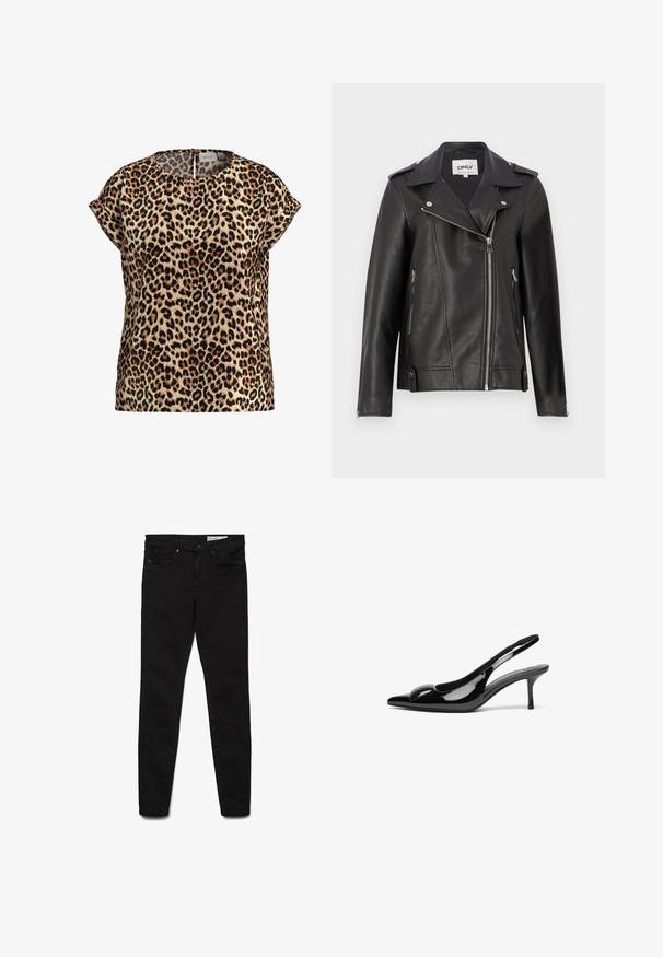 Zwarte leren motorjack met een gesneden kraag, asymmetrische ritssluiting aan de voorkant en zijzakken. Kenmerkt zich door zilveren hardware en een gestructureerde afwerking.; Leopardprint top, korte mouwen, ronde hals, gemaakt van een zijdezachte stof; heeft een tan achtergrond met zwarte en bruine vlekken.; Zwarte skinny jeans van denim stof, met een klassiek ontwerp met vijf zakken, een ritssluiting en subtiele stiksel details.; Zwarte gepatineerde leren slingback hakken met een puntige neus en een glanzende afwerking. Heeft een slanke hak en een ronde accent op de bovenkant.