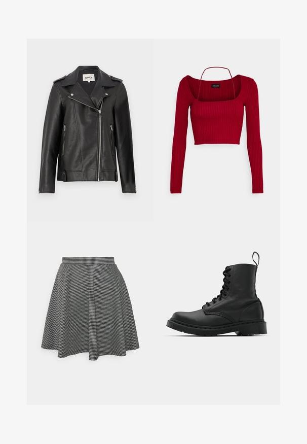 Zwarte leren motorjack met een gesneden kraag, asymmetrische ritssluiting aan de voorkant en zijzakken. Kenmerkt zich door zilveren hardware en een gestructureerde afwerking.; Even&Odd Petite Longsleeve - bordeaux; Zwart-witte geblokte skaterrok met een strakke tailleband en een uitlopende zoom, gemaakt van textuurstof die een klassiek patroon toont.; Zwarte leren gevechtslaars met een ronde neus, vetersluiting aan de voorkant en een lusje bij de enkel. Kenmerkt zich door een dikke rubberen zool voor duurzaamheid.