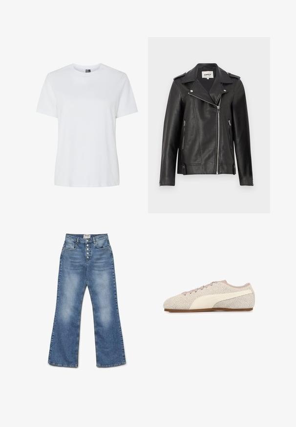 Chaqueta de motociclista de cuero negro con cuello muesca, cierre asimétrico en la parte delantera y bolsillos laterales. Presenta herrajes plateados y un acabado texturizado.; Camiseta de algodón blanca con mangas cortas y escote redondo. Textura suave, corte relajado y sin patrones ni acentos visibles.; Jeans de mezclilla azul de cintura alta con un corte de pierna ancha, que cuentan con cinco botones y un bolsillo delantero. La tela tiene un acabado ligeramente desgastado.; Zapatilla beige de perfil bajo con moteado marrón claro, franja blanca en el lateral, cordones marrón claro y suela delgada marrón, mostrada de lado.