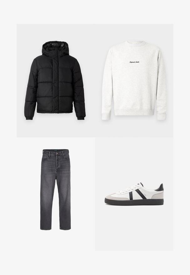 Veste matelassée noire avec capuche, dotée d'un design matelassé, d'une fermeture éclair et de poignets élastiques. Matériau lisse et léger avec une finition brillante.; Sweatshirt crewneck gris clair en matériau doux, présentant un petit logo noir "Originals Studio" sur le devant et des poignets côtelés.; Jeans en denim gris foncé avec un design à jambe droite, taille haute, style à cinq poches et légères décolorations. Fermeture à bouton en métal et zip.; Baskets blanches avec des accents noirs et gris, présentant un embout texturé gris, une semelle en caoutchouc noir et des lacets plats blancs. Design épuré, style minimaliste.