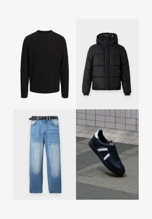 Veste matelassée noire avec capuche, dotée d'un design matelassé, d'une fermeture éclair et de poignets élastiques. Matériau lisse et léger avec une finition brillante.; Pull noir en maille à manches longues, col rond, poignets et ourlet côtelés, présenté sur un fond uni gris clair.; Jean en denim bleu clair avec une coupe droite, doté d'une ceinture noire, avec des zones décolorées et une texture diagonale subtile sur la partie supérieure.; Sneaker en cuir noir avec des rayures blanches, semelle en caoutchouc texturée et devant à lacets. Présente une étiquette de marque sur la languette.