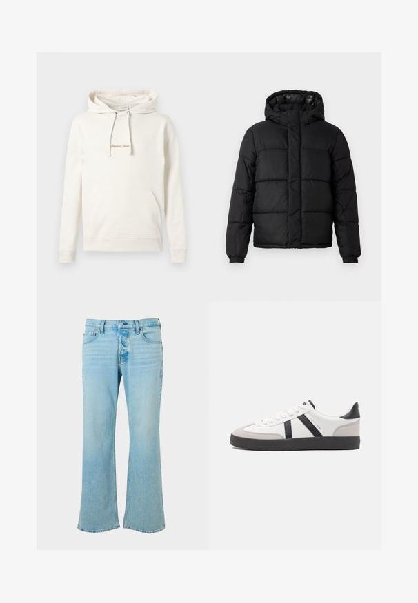 Chaqueta acolchada negra con capucha, que presenta un diseño acolchado, cierre de cremallera y puños elásticos. Material suave y ligero con un acabado brillante.; Sudadera beige de algodón, con un bolsillo canguro, capucha con cordones y texto bordado "Originals" en el pecho.; Jeans de mezclilla azul claro con un diseño de pierna acampanada, que presentan una cintura alta, cinco bolsillos y un cierre de botón. Textura suave, acabado desgastado.; Zapatilla blanca con acentos en negro y gris, que presenta una puntera texturizada en gris, suela de goma negra y cordones planos blancos. Diseño limpio, estilo minimalista.