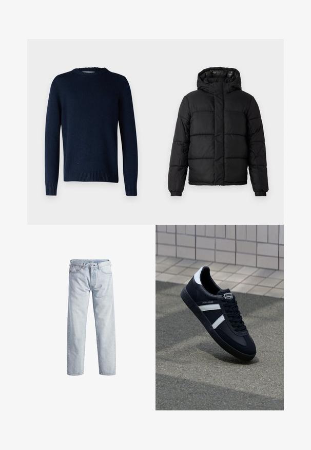 Zwarte pufferjas met capuchon, met een gequilt ontwerp, ritsluiting en elastische manchetten. Glad, lichtgewicht materiaal met een glanzende afwerking.; Selected SLMCODY LS KNIT CREW NECK NOOS - Trui - sky captain; Lichtblauwe denim jeans met een rechtstaand ontwerp, knopenfly, vijf zakken en een subtiele vervaagde textuur. Voorzien van metalen hardware accenten.; Zwarte leren sneaker met witte strepen, een gestructureerde rubberen zool en vetersluiting aan de voorkant. Voorzien van een merklabel op de tong.