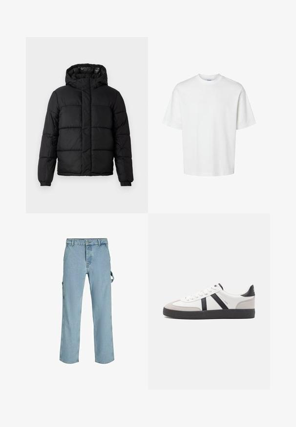 Veste matelassée noire avec capuche, dotée d'un design matelassé, d'une fermeture éclair et de poignets élastiques. Matériau lisse et léger avec une finition brillante.; T-shirt blanc uni à manches courtes, col rond et coupe décontractée, présenté sur un fond blanc.; Pantalons cargo en denim bleu clair avec une coupe décontractée, dotés de boucles latérales et de poches avant, affichant une texture décolorée.; Baskets blanches avec des accents noirs et gris, présentant un embout texturé gris, une semelle en caoutchouc noir et des lacets plats blancs. Design épuré, style minimaliste.