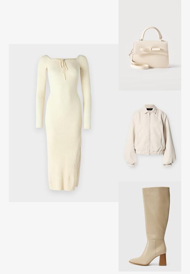 Cremefarbene Reißverschlussjacke mit Hemdblusenkragen, langen, aufgeblasenen Ärmeln und elastischem Saum vor einem einfarbigen Hintergrund.; Gestreiftes, langärmliges Kleid in Creme mit quadratischem Ausschnitt und verstellbarem Kordelzugdetail vorne. Figurbetonter Schnitt mit seitlichem Schlitz.; Beige Lederstiefel bis zum Knie mit spitzem Zehenbereich, strukturiertem Blockabsatz und glatter Oberfläche. Nahtdetails an Knöchel und oberem Schaft.; Kleine beige Handtasche mit Tragegriff oben, abnehmbarem Riemen, vorderer Klappe und dekorativer horizontaler Schleife vor einfarbigem Hintergrund.