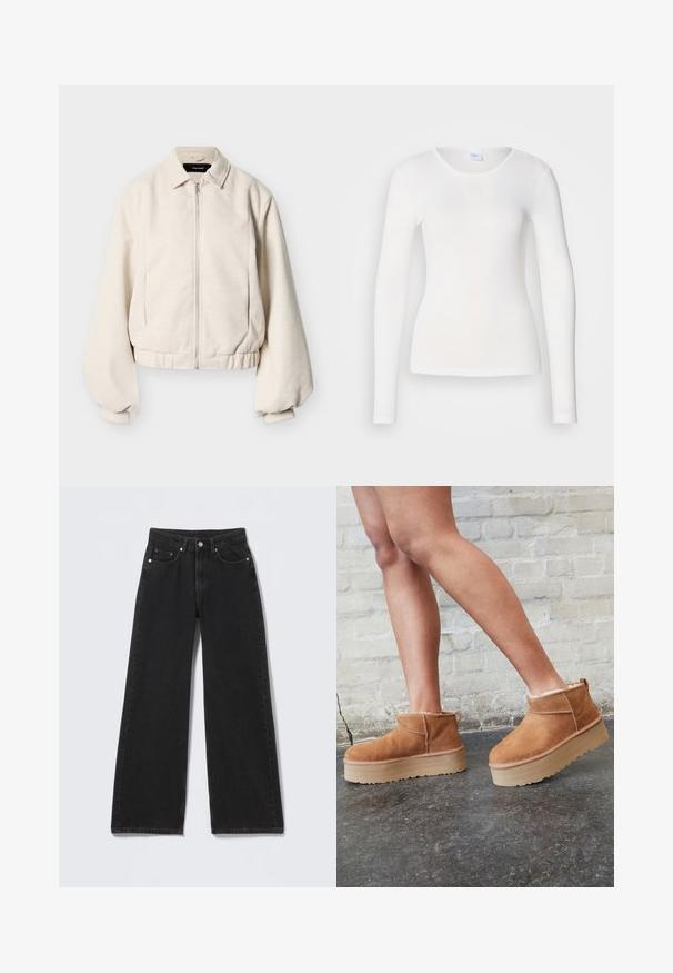 Veste à fermeture éclair de couleur crème avec col chemise, manches longues bouffantes et ourlet élastiqué sur un fond uni.; Chemise blanche à manches longues en tissu doux et lisse ; présente un col rond et une coupe ajustée, sans motifs ni embellissements.; Jean noir taille haute à jambes larges avec fermeture à boutons et fermeture éclair à l'avant, passants de ceinture et cinq poches avant sur fond clair.; Bottines en suède marron avec une doublure en peluche, semelle épaisse en beige et une poignée à l'arrière. Surface texturée avec des détails de couture visibles.