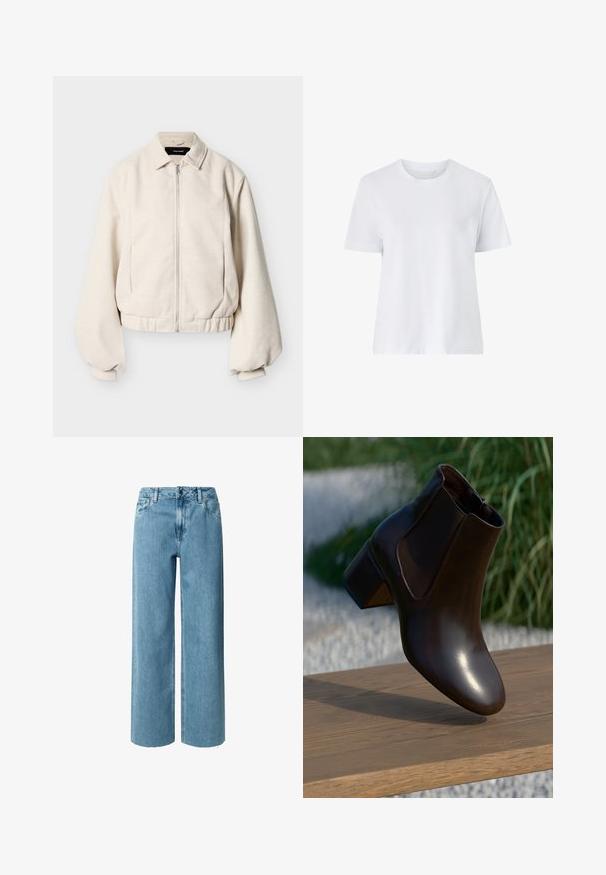Flødefarvet lynlåstrøje med skjortekrave, lange puffede ærmer og elastisk kant mod en ensfarvet baggrund.; Hvid bomulds t-shirt med korte ærmer, rund halsudskæring og en afslappet pasform. Glat tekstur uden synlige mønstre eller detaljer.; Blå denim bukser med brede ben og høj talje, der har bæltestropper, lynlås og frynser ved kanten. Stofmaterialet har en blød, glat tekstur.; Brun læder ankelstøvle med en afrundet tå og en lav blokhælhæl, der har elastiske sidepaneler og en glat, blank finish.