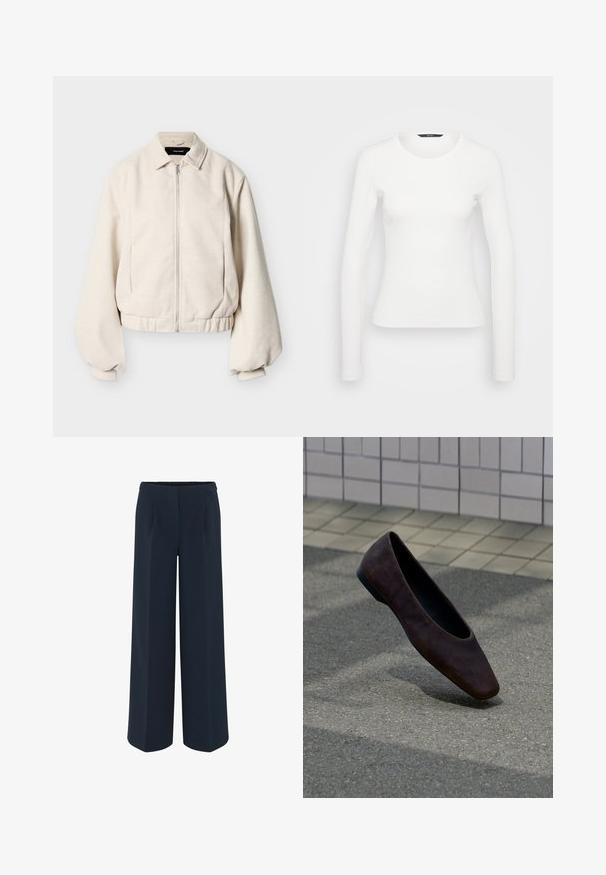 Crèmekleurig jack met ritssluiting, overhemdkraag, lange opgepofte mouwen en elastische zoom tegen een effen achtergrond.; Witte lange mouwen ribbelshirt met een ronde halslijn en een getailleerde pasvorm. Soepele textuur met een eenvoudig ontwerp, zonder patronen of accenten.; Wijd-uitlopende broek in donkerblauw, met een gladde stof, op maat gemaakte plooien en een hoge taille. Geen zichtbare zakken of versieringen.; Enkele donkerbruine platte schoen die boven een textuurrijke grond zweeft, met een betegelde muur op de achtergrond.