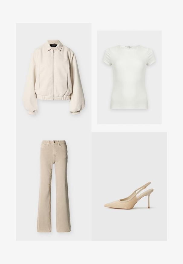 Flødefarvet lynlåstrøje med skjortekrave, lange puffede ærmer og elastisk kant mod en ensfarvet baggrund.; Plain hvid tætsiddende t-shirt med korte ærmer og rund halsudskæring, vist på en neutral baggrund.; Beige højtaljede jeans med knap- og lynlåslukning foran, fem lommer og en let flared benåbning mod en ensfarvet baggrund.; Beige slingback højhælede sko med spids tå, lavet af tekstureret materiale, med en slank hæl og justerbar rem.
