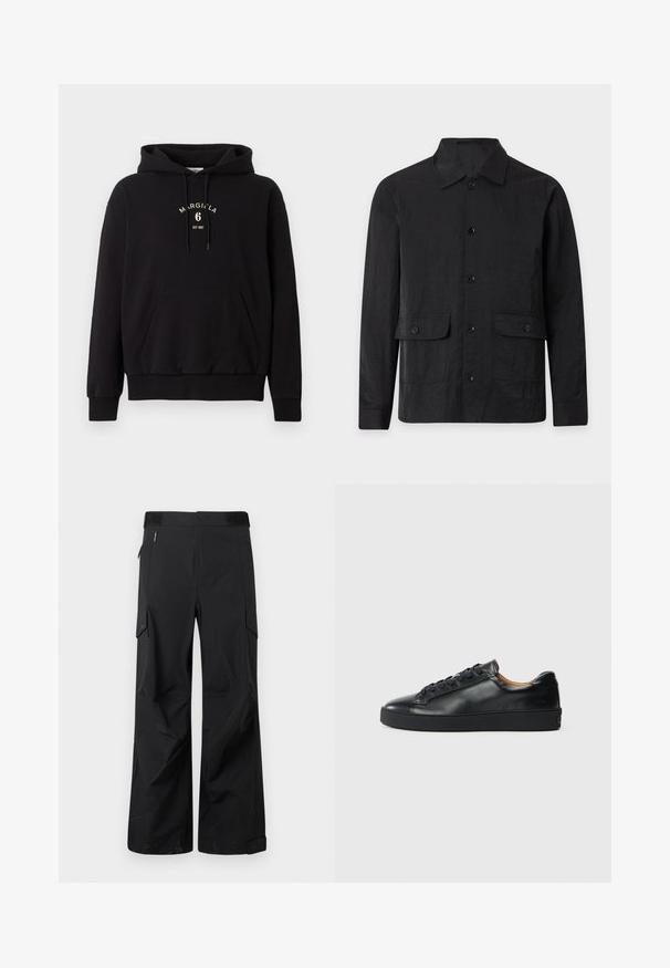 Veste noire pour homme à manches longues, boutonnée, avec col et deux poches avant à rabat sur un fond uni.; Sweat à capuche noir avec poche kangourou devant, capuche avec cordon de serrage et texte « MARGIELA 6 EST 1997 » imprimé en blanc sur la poitrine.; Pantalons cargo noirs en tissu lisse et résistant à l'eau. Dotés de jambes larges, de multiples poches latérales et d'une taille plate avec un branding subtil.; Baskets en cuir noir avec une texture lisse, bout rond et fermeture à lacets. Comprend une semelle en caoutchouc épaisse et un minimum de détails de marque.
