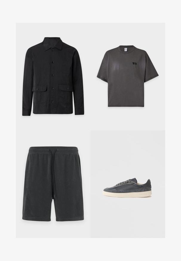 Veste noire pour homme à manches longues, boutonnée, avec col et deux poches avant à rabat sur un fond uni.; T-shirt gris foncé à manches courtes et col rond, avec un petit logo noir "WH" sur la poitrine gauche et une étiquette blanche à l’intérieur du col.; Shorts gris foncé en matériau doux, avec une taille élastique et un cordon de serrage aux embouts argentés. Design simple sans poches.; Baskets gris foncé en cuir et daim avec une conception basse, dotées d'une semelle en caoutchouc de couleur crème et de lacets plats.