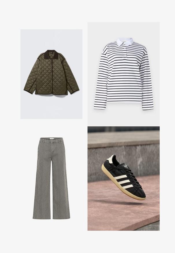 Quiltet olivengrøn jakke med en mørk krave, med trykknapslukning og kontrastfarvet kant langs kanterne, der giver en afslappet pasform.; Hvid langærmet polo t-shirt med horisontale sorte striber, klassisk krave og to knapstolper. Glat bomuldsstof.; Sort-hvide stribede vide bukser med høj talje, der har bæltestropper og en glat overflade. Velegnet til både afslappet og formelt brug.; Sort Adidas sneaker med hvide striber og beige sål, fanget i luften over en stenet overflade og baggrund af en stenmur.