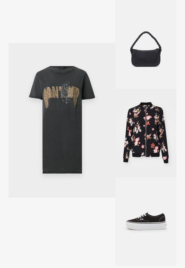 Bomber-jakke i sort stof med blomstermønster, der har pink, hvide og orange blomster; ribbede manchetter, krave og talje; lynlåslukning foran.; Musta lyhythihainen mekko, jossa teksti "PANTHER" leopardi-kuosilla ja musta pantterikuva kirjainten päällä edessä.; Mustat kankaiset lenkkarit, joissa on valkoinen kuminen platform-pohja, valkoiset kengännauhat ja ompeleet, ikoninen brändimerkintä sivulla, alhainen malli.; Mustat käsilaukku, jolla on pyöreä muoto ja joka on valmistettu sileästä materiaalista. Varustettu punotulla kahvalla ja vetoketjulla turvallista säilytystä varten.