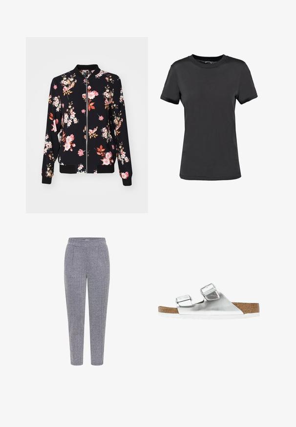 Veste bomber en tissu noir avec motif floral présentant des fleurs roses, blanches et oranges ; poignets, col et taille côtelés ; fermeture éclair à l'avant.; T-shirt noir à manches courtes en tissu lisse. Présente un col rond sans motifs ni accents visibles, offrant un design simple.; Pantalons à motif pied-de-coq en bleu marine et blanc, avec un tissu texturé, une taille élastique et une coupe fuselée.; Sandale métallique argentée avec deux brides réglables, semelle intérieure en liège et semelle blanche. Surface supérieure lisse avec une finition brillante.