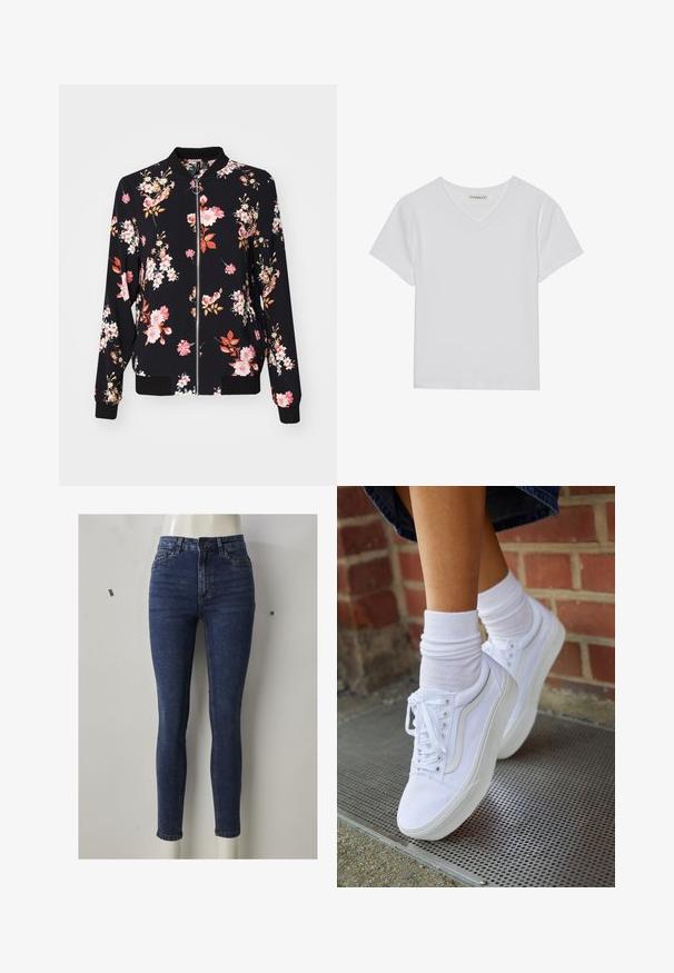 Chaqueta bomber de tejido negro con estampado floral que presenta flores en tonos rosa, blanco y naranja; puños, cuello y cinturilla acanalados; cierre frontal con cremallera.; Camiseta blanca de manga corta y cuello en V, hecha de tela acanalada. Presenta un diseño limpio con un dobladillo recto y un detalle mínimo.; Vaqueros pitillo de denim azul oscuro, de talle alto con una forma ajustada, que cuentan con bolsillos delanteros, cremallera y un sutil desgaste en los muslos.; Zapatillas de lona blancas con suelas de goma, que presentan seis ojales, puntera redonda y detalles de costura ligera, combinadas con calcetines blancos hasta el tobillo.