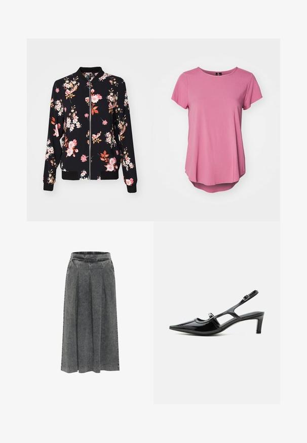 Bomberjakke i sort stof med blomstermønster, der har pink, hvide og orange blomster; ribbede manchetter, krave og liv. Foran lynlåslukning.; Lyserød t-shirt med korte ærmer og rund halsudskæring, afslappet pasform og en lidt længere baghem. Fremstillet af blødt, glat stof.; Grå denimnederdel med plisseringer, elastisk talje, knælang og en tekstureret overflade. Simpelt design uden synlige mønstre eller dekorationer.; Sort laklæder spids tå slingback sko med lav hæl og to justerbare spænder, vist i sideprofil.