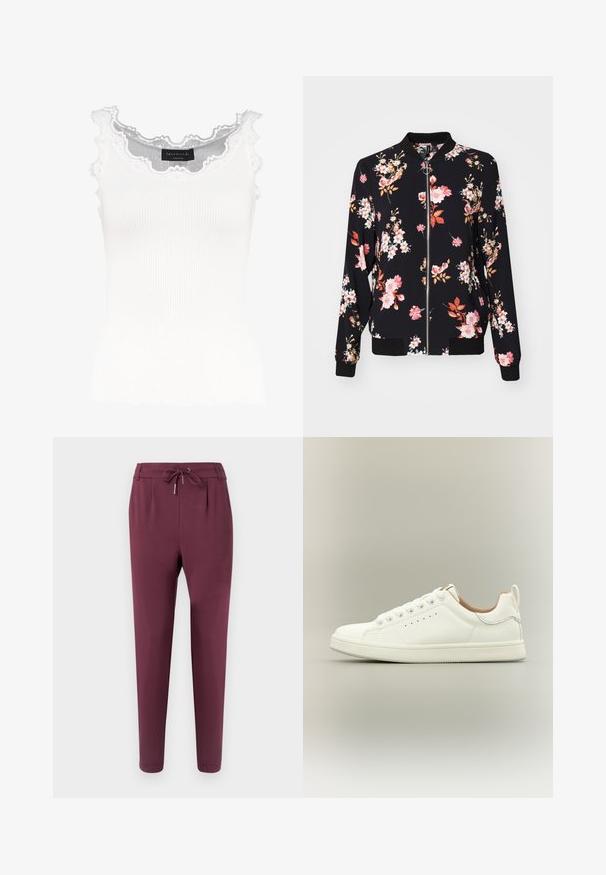 Veste bomber en tissu noir avec motif floral présentant des fleurs roses, blanches et oranges ; poignets, col et taille côtelés ; fermeture éclair à l'avant.; Débardeur blanc à côtes avec dentelle au niveau de l'encolure et des manches. Présente une texture douce et une coupe ajustée. Étiquette de la marque visible à l'intérieur.; Pantalon de jogging bordeaux en tissu doux, avec une taille élastique dotée d'un cordon de serrage et des chevilles resserrées pour une coupe ajustée.; Baskets blanches basses avec lacets, détails perforés sur les côtés et languette au talon, sur fond neutre.