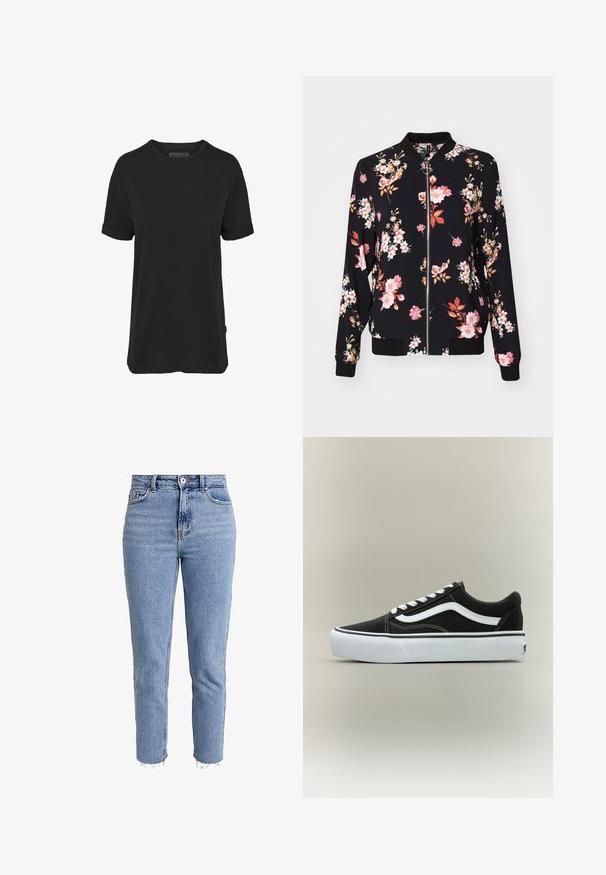 Chaqueta bomber de tejido negro con estampado floral que presenta flores en tonos rosa, blanco y naranja; puños, cuello y cinturilla acanalados; cierre frontal con cremallera.; Camiseta de algodón negra con mangas cortas, cuello redondo y puños enrollados; presenta una sutil etiqueta de la marca en el dobladillo lateral.; Jeans de tiro alto en azul claro, hechos de denim, con corte recto, dobladillo deshilachado y un diseño minimalista sin adornos.; Zapatilla deportiva negra de corte bajo con raya lateral blanca, cordones blancos, suela de goma blanca y puntera texturizada sobre fondo neutro.