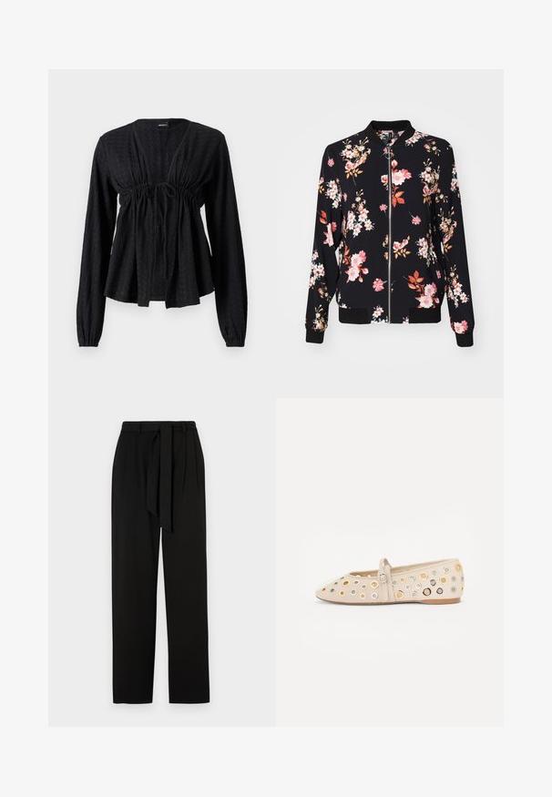Bomber-jakke i sort stof med blomstermønster, der har pink, hvide og orange blomster; ribbede manchetter, krave og talje; lynlåslukning foran.; Mustapaita, jossa on pitkät hihat, tekstuuria, v-aukkoinen kaulus, kerrottu vyötärö, solmittava yksityiskohta ja liehuva helma. Pehmeä kangas, jossa on hienovarainen kuvio.; Mustat housut korkealla vyötäröllä, sivupleateilla ja kangasvyöllä. Valmistettu sileästä materiaalista, suorat, täyspitkät lahkeet.; Beige ballerinat kengät pyöreällä kärjellä, joissa on useita pyöreitä aukkoja ja metallikoristeita kullassa, hopeassa ja pronssissa. Soljella varustettu yksityiskohta.