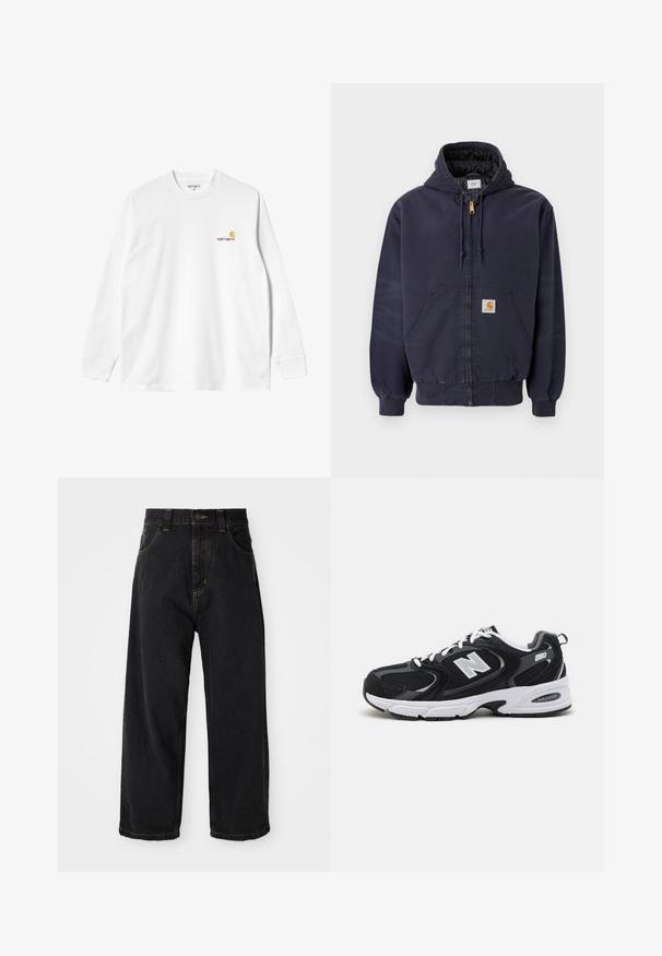 Sudadera con cremallera color azul marino, hecha de algodón, con un interior acolchado, cordones en la capucha y un parche de logo en la parte delantera.; Camiseta blanca de algodón de manga larga con cuello redondo, que presenta un pequeño logo amarillo y burdeos en el lado izquierdo del pecho. Puños y dobladillo sin costuras.; Jeans de denim negros de pierna ancha con cintura alta, botón frontal, cremallera y costuras amarillas en los bolsillos y costuras.; Zapatillas deportivas en negro y gris con parte superior de malla y ante, que cuentan con una entresuela blanca, cordones y un llamativo logo "N" en el lateral.