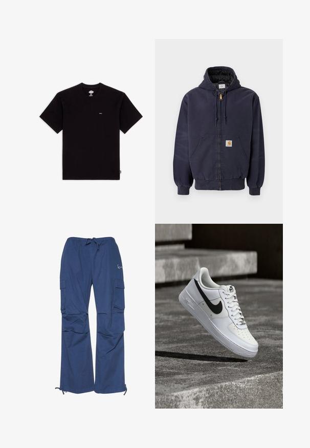 Marineblå lynlås hoodie lavet af bomuld, med en quiltet inderside, snore i hætten og et logo patch foran.; Sort bomulds T-shirt med korte ærmer, rund halsudskæring, har et lille logo mærke på brystet og et enkelt design uden mønstre eller accenter.; Blå cargobukser lavet af bomuld med snoretræk i taljen, to sidelommer og en løs pasform med manchetter ved anklerne.; Hvid Nike Air Force 1-sneaker med sort swoosh, snørebånd bundet, placeret i luften over tekstureret betonoverflade udendørs.