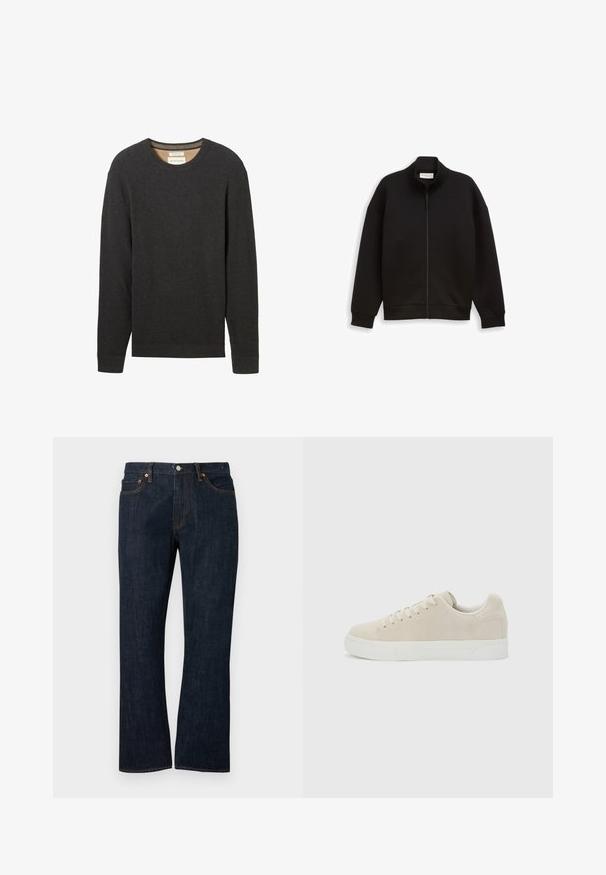 Schwarze Zip-Jacke mit hohem Kragen, langen Ärmeln und gerippten Bündchen und Saum, auf einem schlichten Hintergrund präsentiert.; Schwarzer gerippter Pullover mit Rundhalsausschnitt und langen Ärmeln. Texturierter Stoff und ein Etikett sind am Ausschnitt sichtbar.; Dunkelblaue Jeans mit geradem Bein, vorderen Taschen, Kupfernieten und Knopfverschluss.; Beige Sneaker in niedriger Ausführung mit Schnürung vorne und dicker weißer Gummisohle vor schlichtem hellgrauem Hintergrund.
