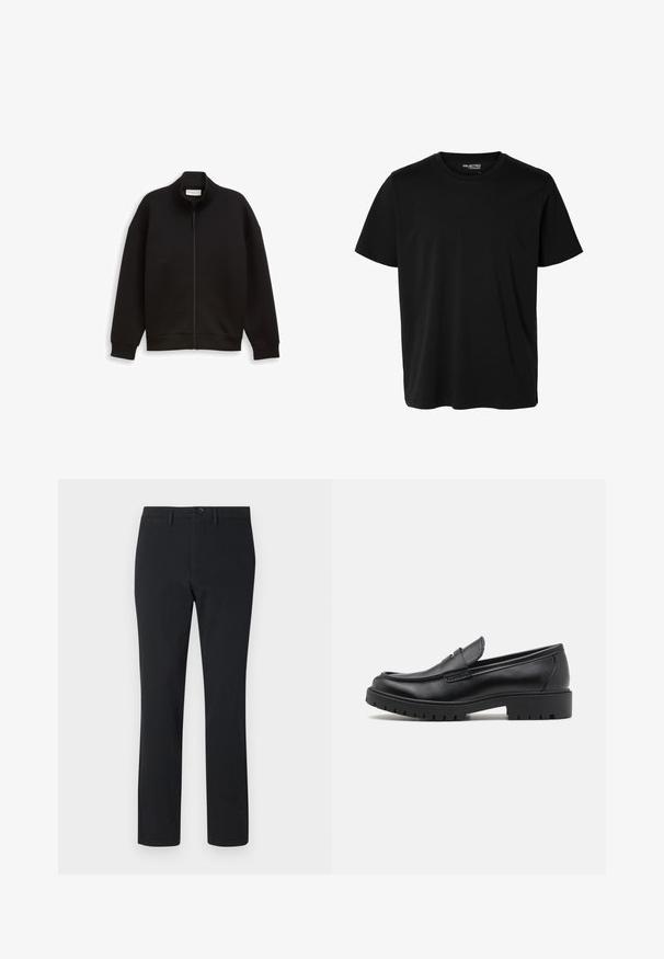 Veste noire zippée avec col montant, manches longues, et poignets et ourlet côtelés, présentée sur un fond uni.; T-shirt noir uni à manches courtes et col rond pour homme, sans motifs ni logos visibles à l’avant.; Pantalons noirs à jambe droite en tissu lisse. Présentent une fermeture à bouton sur le devant, des passants de ceinture et deux poches latérales.; Mocassins en cuir noir avec un bout arrondi, un design à enfiler et une semelle en caoutchouc épaisse avec une texture antidérapante. Talon surélevé et détails de surpiqûre subtils.