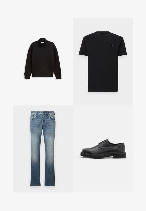 Schwarze Zip-Jacke mit hohem Kragen, langen Ärmeln und gerippten Bündchen und Saum, auf einem schlichten Hintergrund präsentiert.; Schwarz Baumwoll-T-Shirt mit kurzen Ärmeln, rundem Halsausschnitt und einem kleinen weißen Logo auf der linken Brustseite. Glatte Textur, schlichtes Design.; Helleblaue Bootcut-Jeans aus Denim mit einem Farbverlauf, Fünf-Taschen-Design, Metallknopfverschluss und sichtbarem Stich entlang der Nähte.; Schwarzer Lederschuh mit abgerundeter Zehenpartie, glatter Oberfläche und minimaler Nahtführung. Verfügt über eine Schnürverschluss und eine dicke, strukturierte Gummisohle.