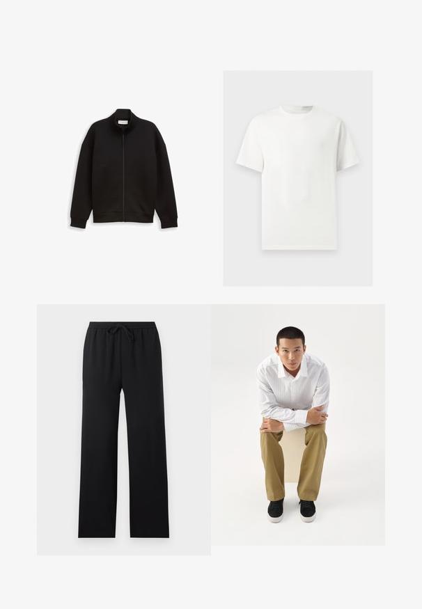 Zwarte zip-up jas met hoge kraag, lange mouwen en geribbelde manchetten en zoom, weergegeven op een effen achtergrond.; Effen wit T-shirt met korte mouwen en ronde hals, weergegeven op een lichtgrijze achtergrond.; Zwarte loszittende broek met elastische tailleband en vooraan trekkoord, rechte pijpen, eenvoudig ontwerp, weergegeven op een neutrale achtergrond.; Jonge man in wit gestreept overhemd en kaki broek, voorover zittend op een kruk met gekruiste armen, kijkt recht vooruit op een witte achtergrond.