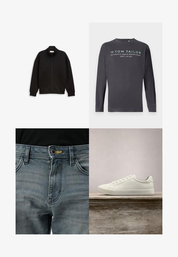 Sort lynlåsjakke med høj krave, lange ærmer og ribbede manchetter og kant, præsenteret på en ensfarvet baggrund.; TOM TAILOR PRINTED - Langærmet T-shirt - tarmac grey; Falmede blå denimjeans med knappelukning, gul akcent ved taljen og klassisk fem-lomme design. Teksturen ser blød og brugt ud.; Hvide snørresneakers svævende over en træbænk med grønne planter i baggrunden, der fremhæver skodesign og tekstur.