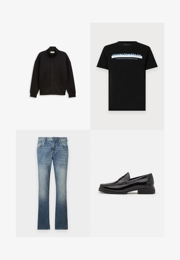 Schwarze Zip-Jacke mit hohem Kragen, langen Ärmeln und gerippten Bündchen und Saum, auf einem schlichten Hintergrund präsentiert.; Schwarzes Baumwoll-T-Shirt mit rundem Halsausschnitt, versehen mit blauen und weißen Text: "DENIM TOM TAILOR gegründet zweitausendsieben."; Helleblaue Bootcut-Jeans aus Denim mit einem Farbverlauf, Fünf-Taschen-Design, Metallknopfverschluss und sichtbarem Stich entlang der Nähte.; Schwarze Lederloafers mit runder Zehenform, ausgestattet mit einer genähten Detail über dem Vorderschaft und einem niedrigen Blockabsatz. Glatte Textur und glänzende Oberfläche.