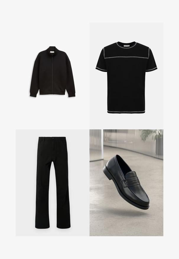 Zwarte zip-up jas met hoge kraag, lange mouwen en geribbelde manchetten en zoom, weergegeven op een effen achtergrond.; Zwart T-shirt met korte mouwen en ronde hals, voorzien van contrasterende witte dubbele stiknaden over de borst, mouwen, kraag en zoom.; Zwarte rechte broek met voorzakken, knoopsluiting en lussen voor een riem, weergegeven tegen een witte achtergrond.; Zwarte leren loafer met een gladde textuur, spitse neus en een decoratieve band over de wreef. Lichtgewicht zool, minimalistisch ontwerp.