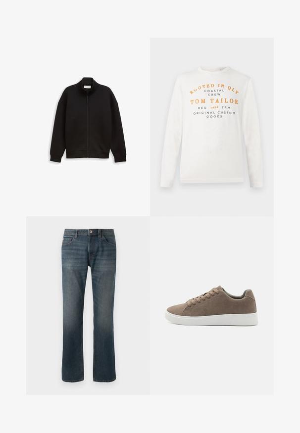 Zwarte zip-up jas met hoge kraag, lange mouwen en geribbelde manchetten en zoom, weergegeven op een effen achtergrond.; Witte langslavende shirt met oranje en zwarte tekst waarop staat "Rooted in QLY Coastal Crew Tom Tailor Reg 1962 TRM Original Custom Goods" aan de voorkant.; Donkerblauwe spijkerbroek met een recht model. Kenmerken zijn onder andere vijf zakken, contrasterende stiksels, en een sluiting met een knoop en rits aan de voorkant.; Bruine suède sneakers met platte witte rubberen zolen, vetersluiting, ronde neus en een gladde textuur. Minimalistische stijl met subtiele stikdetails.