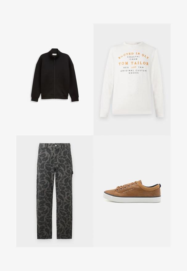 Veste noire zippée avec col montant, manches longues, et poignets et ourlet côtelés, présentée sur un fond uni.; Chemise blanche à manches longues avec un texte orange et noir indiquant "Rooted in QLY Coastal Crew Tom Tailor Reg 1962 TRM Original Custom Goods" sur le devant.; Pantalons droit en camouflage pixelisé noir et gris avec poches avant et fermeture à bouton.; Baskets en cuir marron avec un embout rond, semelle blanche et accents marine. Présente des œillets en métal et un col texturé.