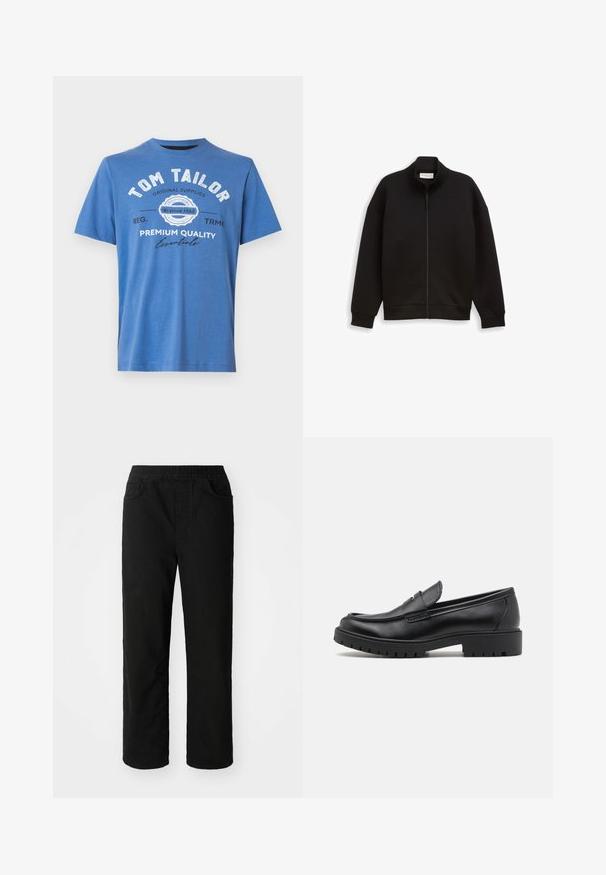 Schwarze Zip-Jacke mit hohem Kragen, langen Ärmeln und gerippten Bündchen und Saum, auf einem schlichten Hintergrund präsentiert.; Blaue kurzärmlige T-Shirt aus Baumwolle. Mit bedrucktem Text "TOM TAILOR" und Logo. Klassischer Rundhalsausschnitt und gerader Saum.; Schwarze Baumwollhose mit lockerer Passform, elastischem Taillenbund, zwei Fronttaschen und geradem Bein. Glatte Textur ohne sichtbare Muster.; Schwarze Lederloafers mit runder Zehenform, eleganter Schlupfdesign und dicker Gummisohle mit strukturiertem Griff. Erhöhter Absatz und dezente Nähdetails.