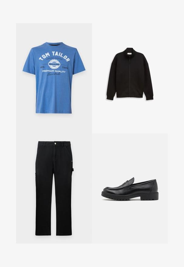 Schwarze Zip-Jacke mit hohem Kragen, langen Ärmeln und gerippten Bündchen und Saum, auf einem schlichten Hintergrund präsentiert.; Blaue kurzärmlige T-Shirt aus Baumwolle. Mit bedrucktem Text "TOM TAILOR" und Logo. Klassischer Rundhalsausschnitt und gerader Saum.; Schwarze gerade Arbeits hose mit vorderen Taschen, Gürtelschlaufen, Knopfverschluss und seitlicher Werkzeugschlaufe auf einfarbigem Hintergrund.; Schwarze Lederloafers mit runder Zehenform, eleganter Schlupfdesign und dicker Gummisohle mit strukturiertem Griff. Erhöhter Absatz und dezente Nähdetails.