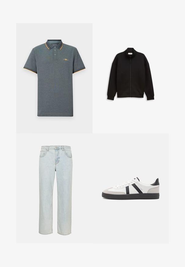 Veste noire zippée avec col montant, manches longues, et poignets et ourlet côtelés, présentée sur un fond uni.; Polo gris en tissu texturé, avec une patte de boutonnage à trois boutons, des accents de col bleu clair et orange, et un petit logo sur la poitrine.; Jean denim bleu clair droit avec poches avant, passants de ceinture et fermeture par bouton sur un fond uni.; Baskets blanches avec des accents noirs et gris, présentant un embout texturé gris, une semelle en caoutchouc noir et des lacets plats blancs. Design épuré, style minimaliste.