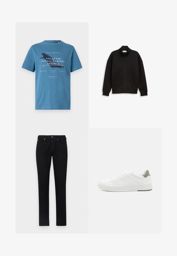 Zwarte zip-up jas met hoge kraag, lange mouwen en geribbelde manchetten en zoom, weergegeven op een effen achtergrond.; Blauwe katoenen t-shirt met korte mouwen, met grafische tekst en een vliegtuigontwerp aan de voorkant. Ronde hals en reguliere pasvorm.; Zwarte denimbroek, recht gesneden ontwerp, met vijf-pocket styling, een sluiting met knoop aan de voorkant en een gladde, uniforme textuur.; Witte sneaker van glad leer met een ronde neus, minimalistisch ontwerp, grijze hielaccent en een geplaatste rubberen zool.
