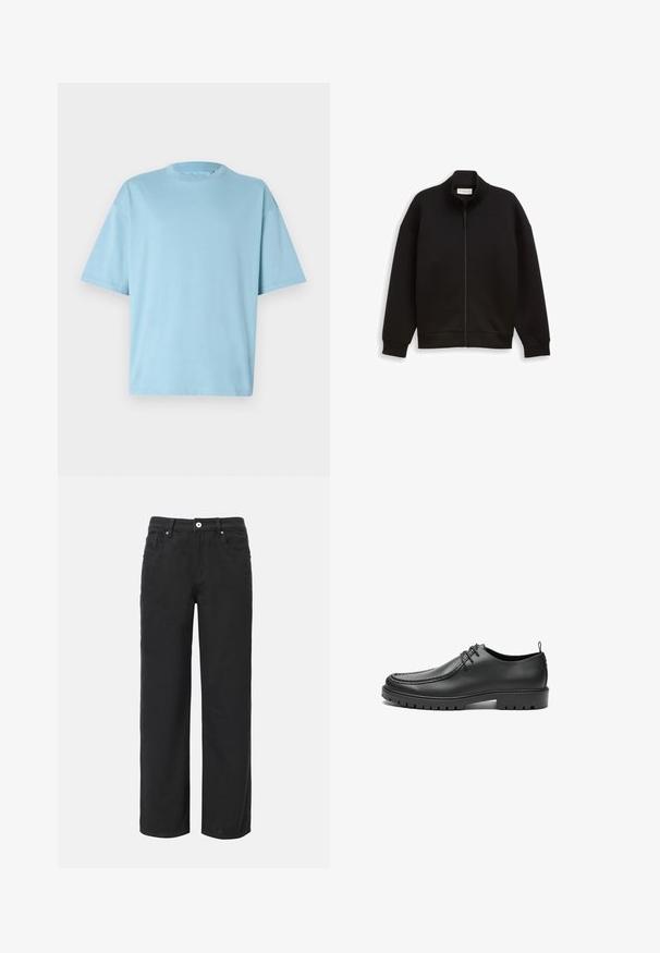 Zwarte zip-up jas met hoge kraag, lange mouwen en geribbelde manchetten en zoom, weergegeven op een effen achtergrond.; Lichtblauwe katoenen T-shirt met een ronde hals, korte mouwen en een losse pasvorm. Smooth textuur en minimalistisch ontwerp.; Zwarte wijde broek van katoen met vier zakken, sluiting met een knoop aan de voorkant en een klassiek denim ontwerp. Soepele textuur, geen zichtbare patronen.; Zwarte lederen schoenen met een gladde afwerking, ronde neus en decoratieve stiksels. Beschikt over een rubberen zool met tractiegrepen en een vetersluiting.