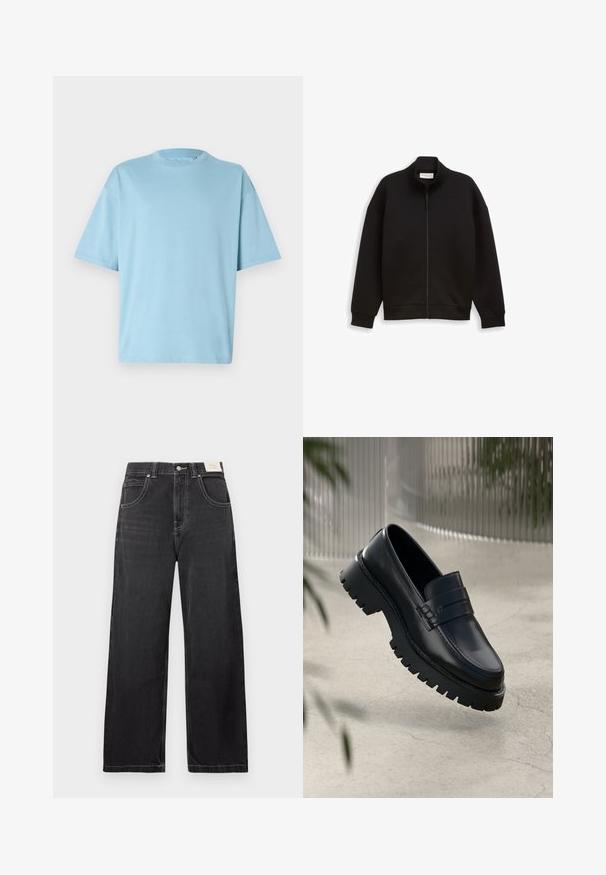 Zwarte zip-up jas met hoge kraag, lange mouwen en geribbelde manchetten en zoom, weergegeven op een effen achtergrond.; Lichtblauwe katoenen T-shirt met een ronde hals, korte mouwen en een losse pasvorm. Smooth textuur en minimalistisch ontwerp.; Zwarte wijde spijkerbroek van denim, met vijf zakken, contrasterende witte stiksels en een knoopsluiting in de taille.; Zwarte leren instappers met een chunky loopzool, voorzien van een decoratieve band en stikseldetails. Gladde textuur met een gepolijste afwerking.