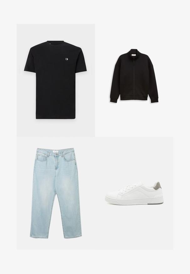 Schwarze Zip-Jacke mit hohem Kragen, langen Ärmeln und gerippten Bündchen und Saum, auf einem schlichten Hintergrund präsentiert.; Schwarz Baumwoll-T-Shirt mit kurzen Ärmeln, rundem Halsausschnitt und einem kleinen weißen Logo auf der linken Brustseite. Glatte Textur, schlichtes Design.; Helle blaue Jeans aus Denim mit entspannter Passform, fünf Taschen, einem Knopfverschluss und subtilen Ausbleichungen. Die Textur ist glatt und leicht abgenutzt.; Weißer Sneaker aus glattem Leder, runde Zehenpartie, minimalistisches Design, graue Fersenkante und strukturierte Gummisohle.