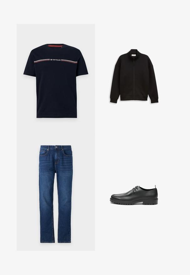 Sort lynlåsjakke med høj krave, lange ærmer og ribbede manchetter og kant, præsenteret på en ensfarvet baggrund.; Marineblå bomulds-t-shirt med korte ærmer og rund halsudskæring, med en hvid og rød horisontal stribedetalje og "TOM TAILOR" logo.; Pier One Loose-jeans - dark blue denim; Sorte lædersko med en glat overflade, rund tå og dekorativ stikning. Har en gummisål med skridsikre spor og snørebåndsdesign.