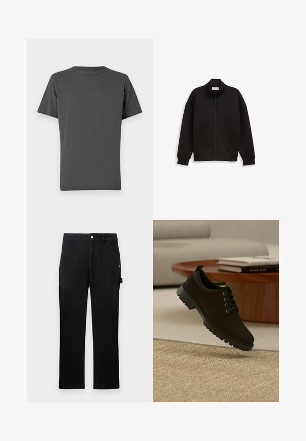 Chaqueta negra con cremallera y cuello alto, de mangas largas y puños y dobladillo acanalados, exhibida sobre un fondo liso.; Camiseta de cuello redondo en gris oscuro, de manga corta, hecha de tejido suave. Presenta un logotipo sutil en la parte frontal, textura lisa y costuras mínimas.; Pantalones de trabajo rectos negros con bolsillos frontales, cinturas, cierre de botón y lazo lateral para herramientas sobre un fondo liso.; Zapato negro de cuero con cordones y suela gruesa flotando sobre una alfombra beige en un salón minimalista.