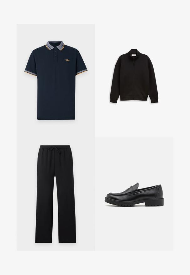 Schwarze Zip-Jacke mit hohem Kragen, langen Ärmeln und gerippten Bündchen und Saum, auf einem schlichten Hintergrund präsentiert.; Dunkelblaues Polohemd aus Baumwolle, mit einem Kragen in Grau und orangefarbigen Akzenten sowie einer Knopfleiste mit drei Knöpfen. Besticktes 1962-Logo.; Schwarze locker sitzende Hose mit elastischem Bund und vorderem Kordelzug, gerade Beine, schlichtes Design, auf neutralem Hintergrund dargestellt.; Schwarze Lederloafers mit runder Zehenform, eleganter Schlupfdesign und dicker Gummisohle mit strukturiertem Griff. Erhöhter Absatz und dezente Nähdetails.