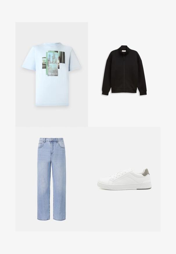 Zwarte zip-up jas met hoge kraag, lange mouwen en geribbelde manchetten en zoom, weergegeven op een effen achtergrond.; TOM TAILOR T-shirt print - light metal blue; Lichtblauwe denim jeans met een ontspannen, wijde pasvorm. Kenmerken zijn onder andere vijf zakken, een sluiting met een knoop aan de voorkant en subtiele vervaging.; Witte sneaker van glad leer met een ronde neus, minimalistisch ontwerp, grijze hielaccent en een geplaatste rubberen zool.