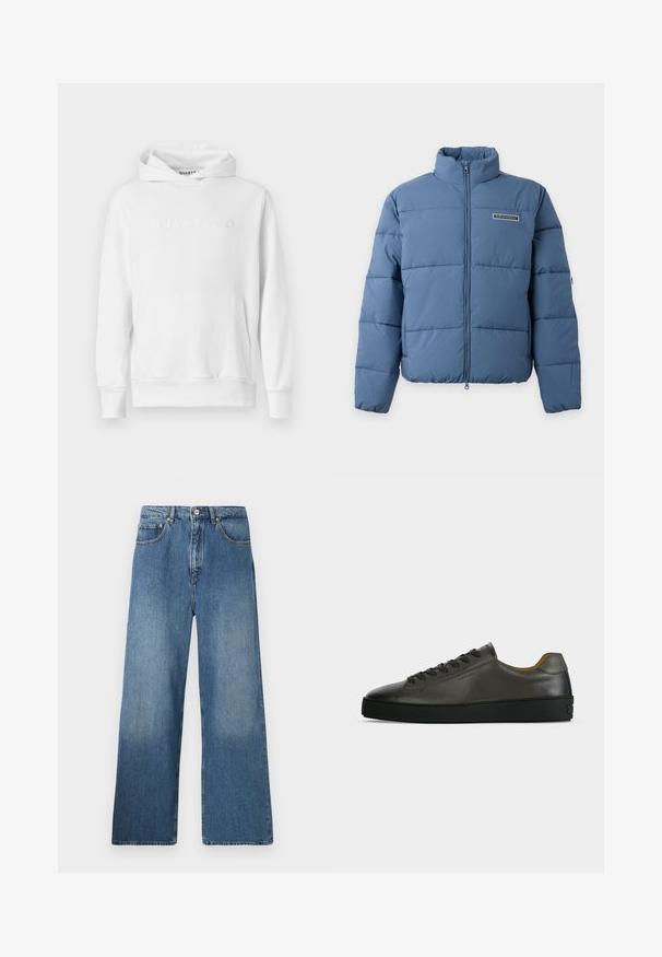 Blå polstret jakke med høj krave, forreste lynlås og EA7 Emporio Armani-logo på brystet.; Hvid hoodie med frontkangaroo-lomme, snørehætte og præget "QUARTZ CO" logo på brystet. Blødt bomuldsstof.; Bredde ben blå denim jeans med et klassisk fem-lomme design, frontlukning med knap og let falming for tekstur.; Lavtskåret mørkegrå læder sneaker med sorte snørebånd og sål, minimalistisk design, sideprofil på en ensfarvet lys baggrund.